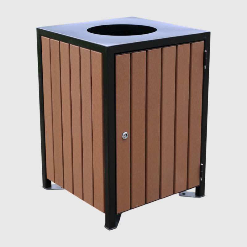 Wood and Steel Outdoor Trash Can - Elegant Open-Top Public Bin