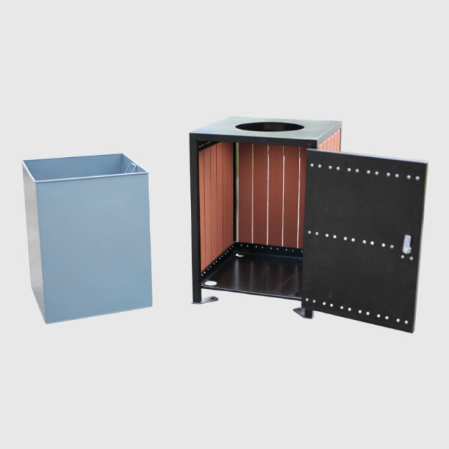 Wood and Steel Outdoor Trash Can - Elegant Open-Top Public Bin