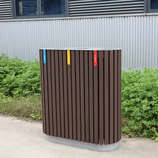 3-Way Outdoor Trash Can - Plastic Wood Recycling Bin for Parks