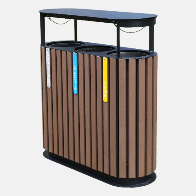 3-Way Outdoor Trash Can - Plastic Wood Recycling Bin for Parks