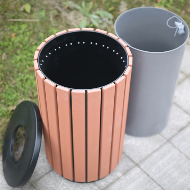 Plastic Wood Trash Can - Durable Outdoor Waste Bin for Parks