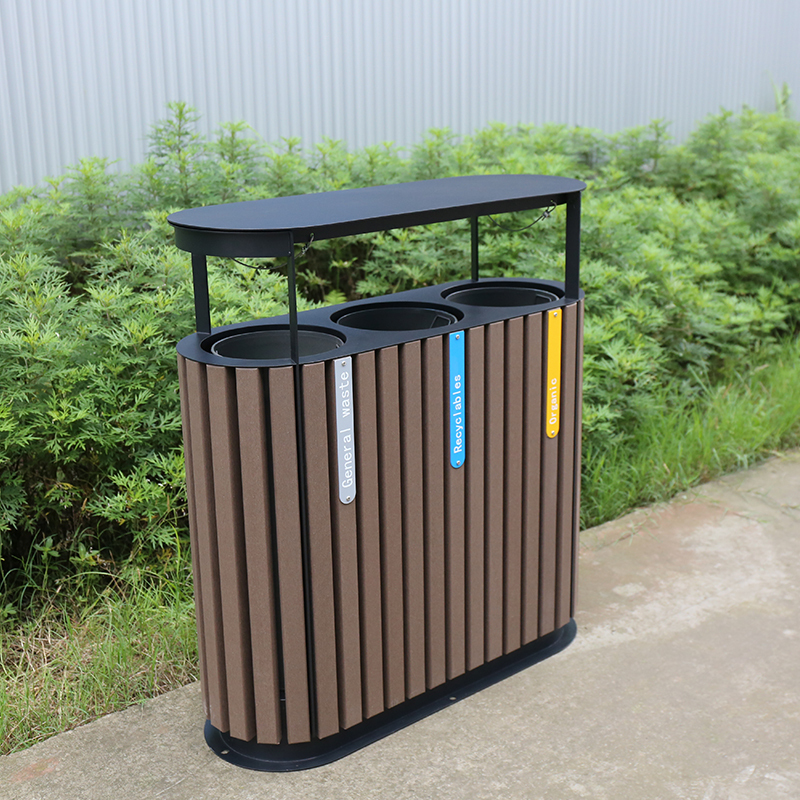 3-Way Outdoor Trash Can - Plastic Wood Recycling Bin for Parks