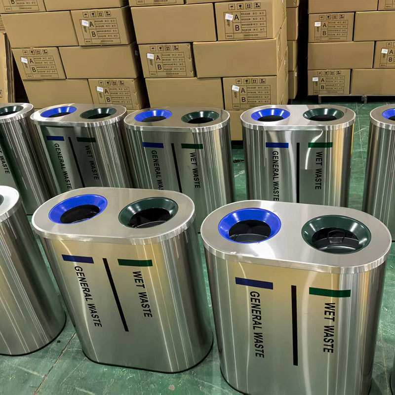 Dual Compartment Recycling Bin - Stainless Steel Outdoor Trash Can by