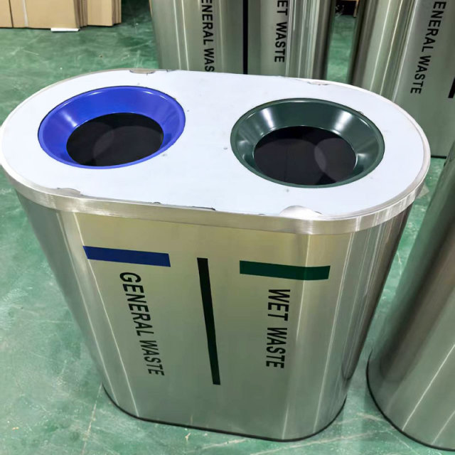 Dual Compartment Recycling Bin - Stainless Steel Outdoor Trash Can by