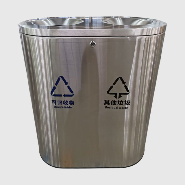 Dual Compartment Recycling Bin - Stainless Steel Outdoor Trash Can by