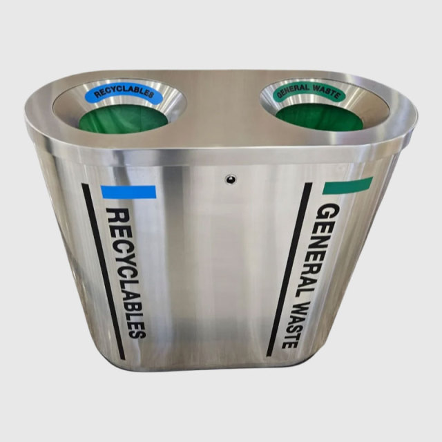 Dual Compartment Recycling Bin - Stainless Steel Outdoor Trash Can by