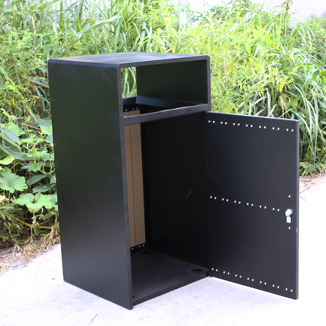 Steel-Wood Outdoor Trash Can - Lockable Park Garbage Bin