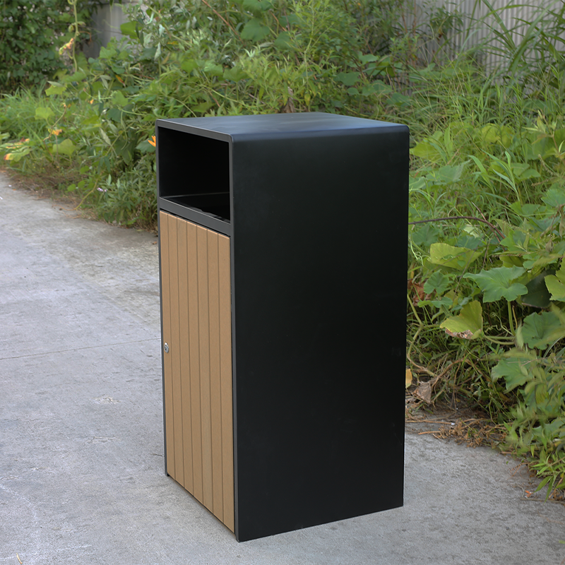 Steel-Wood Outdoor Trash Can - Lockable Park Garbage Bin