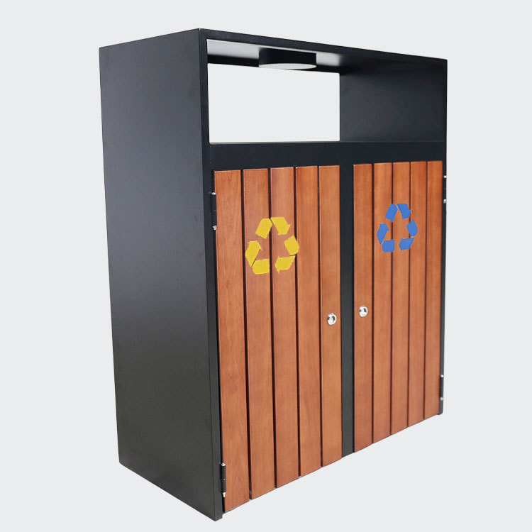 Dual Bin Recycling Trash Can - Steel , Wood Waste Sorting Station