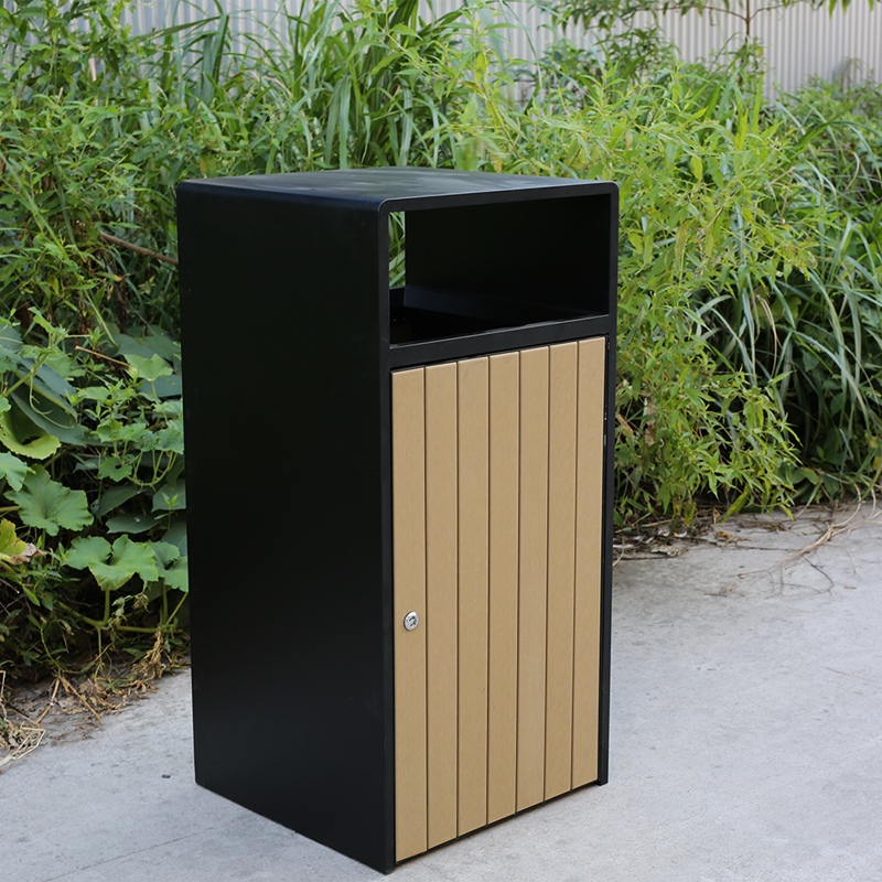 Steel-Wood Outdoor Trash Can - Lockable Park Garbage Bin