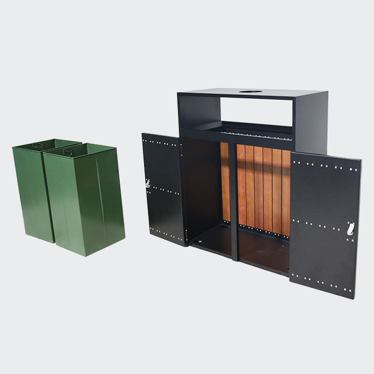 Dual Bin Recycling Trash Can - Steel , Wood Waste Sorting Station