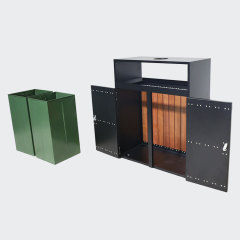 Dual Bin Recycling Trash Can - Steel , Wood Waste Sorting Station