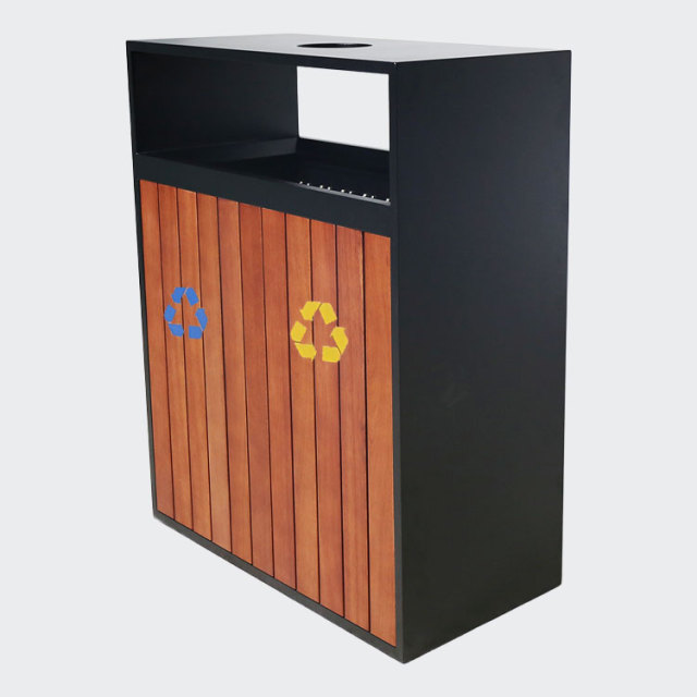 Dual Bin Recycling Trash Can - Steel , Wood Waste Sorting Station