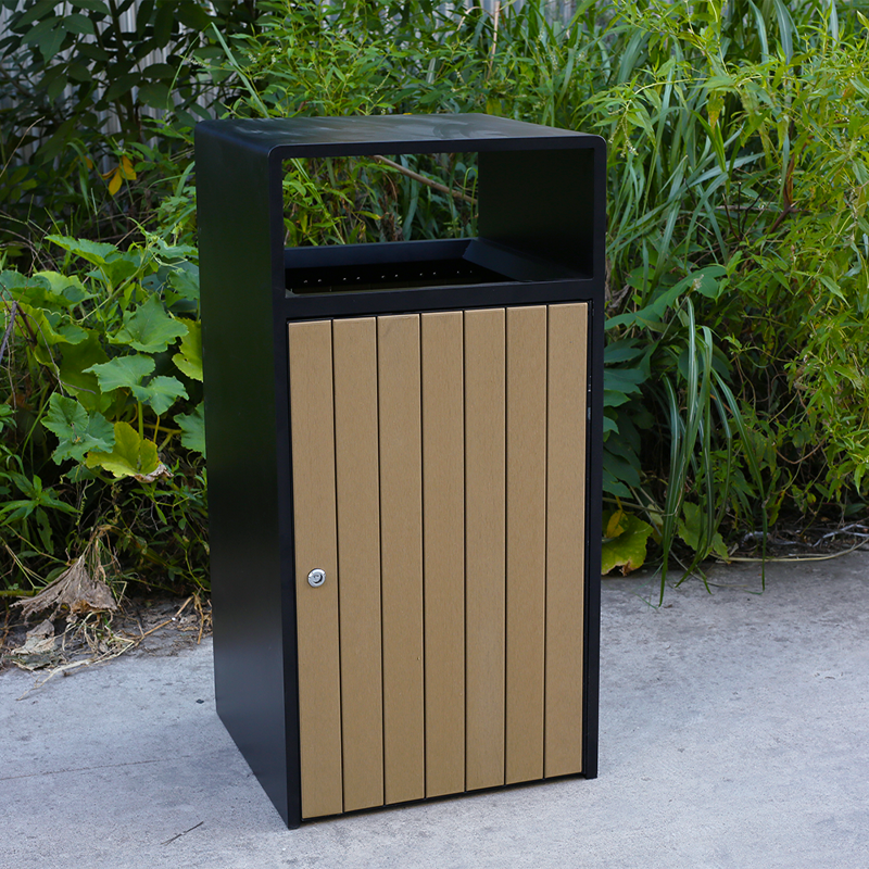 Steel-Wood Outdoor Trash Can - Lockable Park Garbage Bin