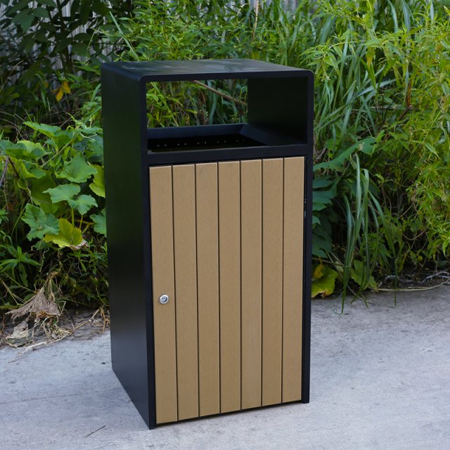 Steel-Wood Outdoor Trash Can - Lockable Park Garbage Bin