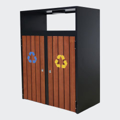 Dual Bin Recycling Trash Can - Steel , Wood Waste Sorting Station
