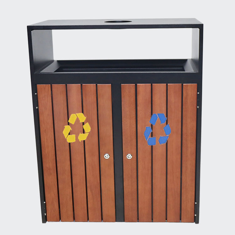 Dual Bin Recycling Trash Can - Steel , Wood Waste Sorting Station