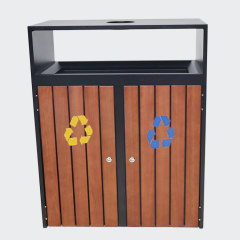 Dual Bin Recycling Trash Can - Steel , Wood Waste Sorting Station