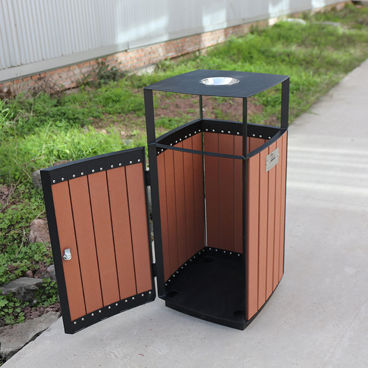 Square Outdoor Trash Can - Durable Steel-Wood Public Receptacle