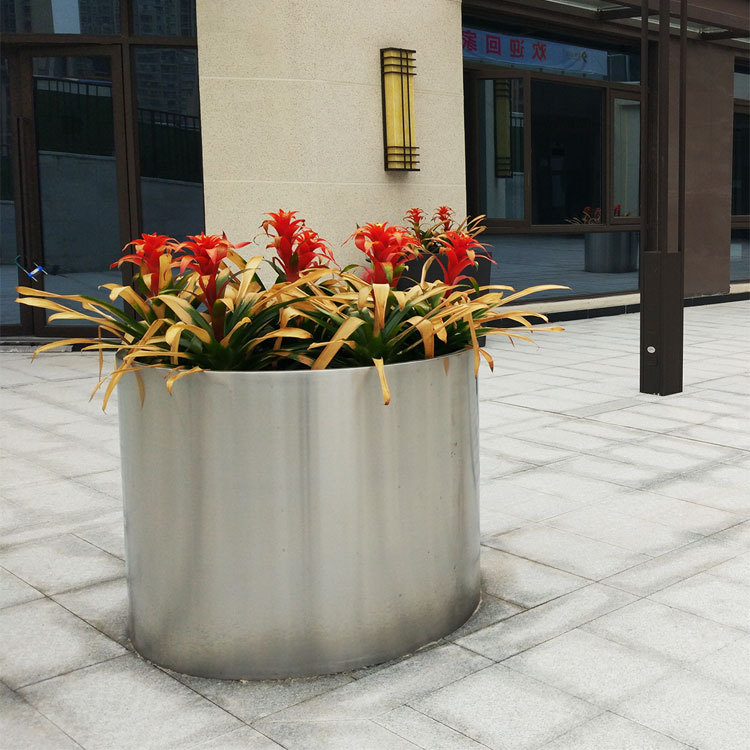 Cylindrical Stainless Steel Planter for Outdoor and Commercial Use