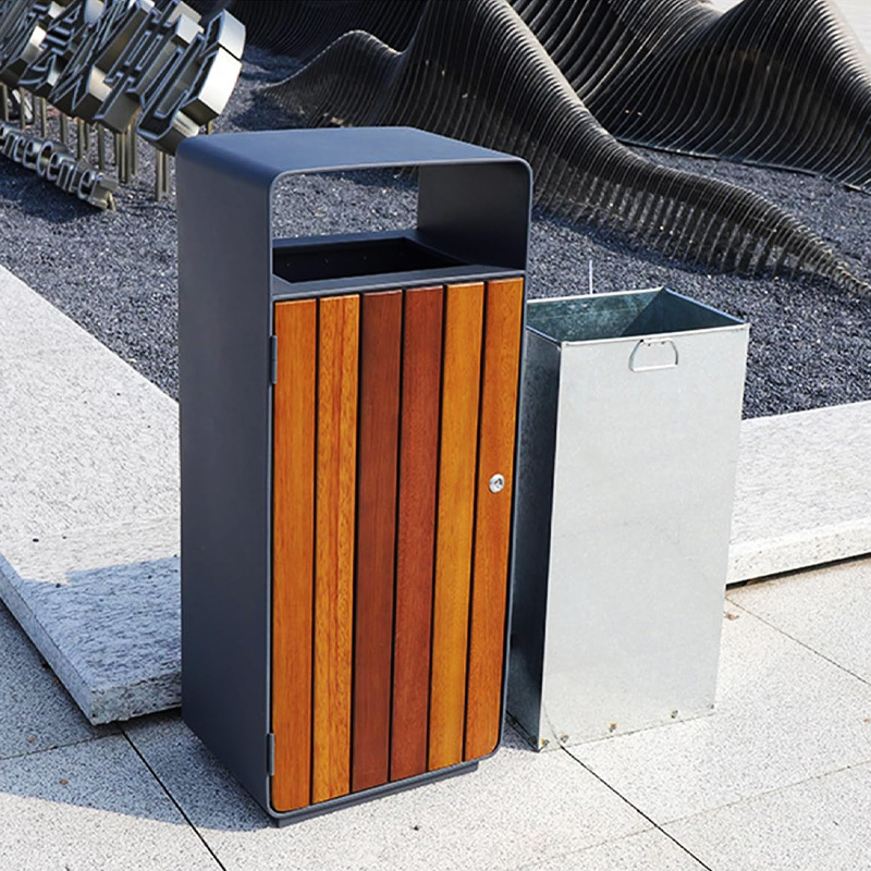 yalau Outdoor Garbage Bin - Steel Wood with Lid