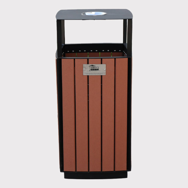 Square Outdoor Trash Can - Durable Steel-Wood Public Receptacle