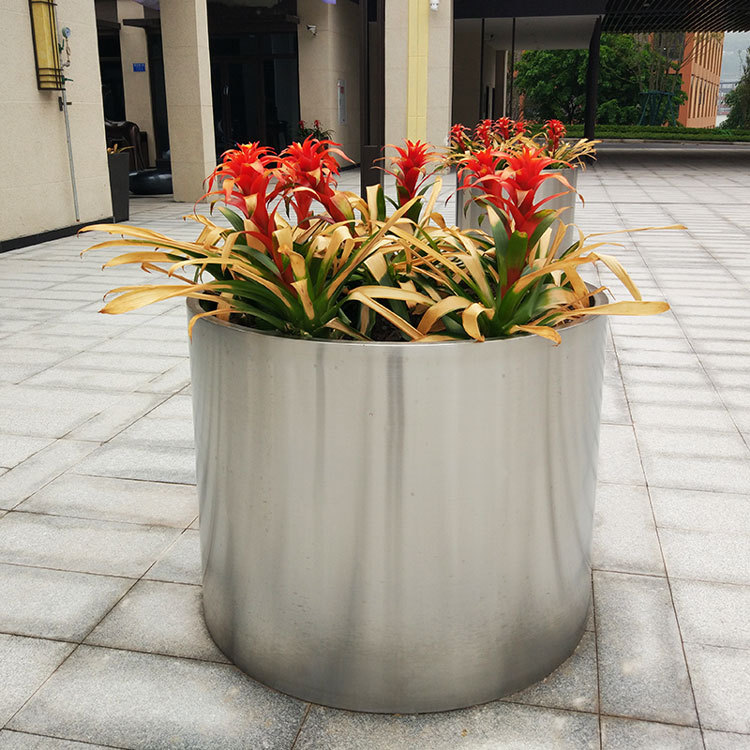 Cylindrical Stainless Steel Planter for Outdoor and Commercial Use