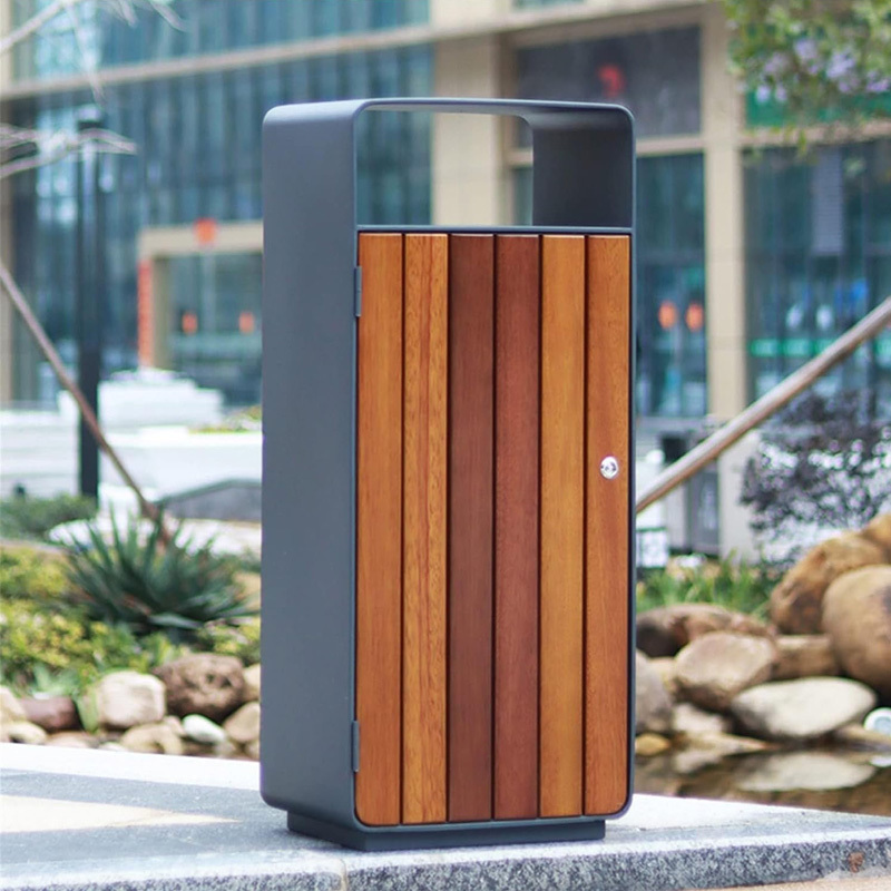 yalau Outdoor Garbage Bin - Steel Wood with Lid