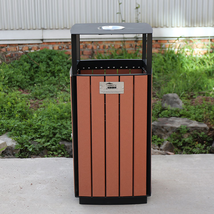 Square Outdoor Trash Can - Durable Steel-Wood Public Receptacle