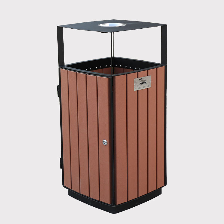 Square Outdoor Trash Can - Durable Steel-Wood Public Receptacle