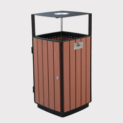 Square Outdoor Trash Can - Durable Steel-Wood Public Receptacle