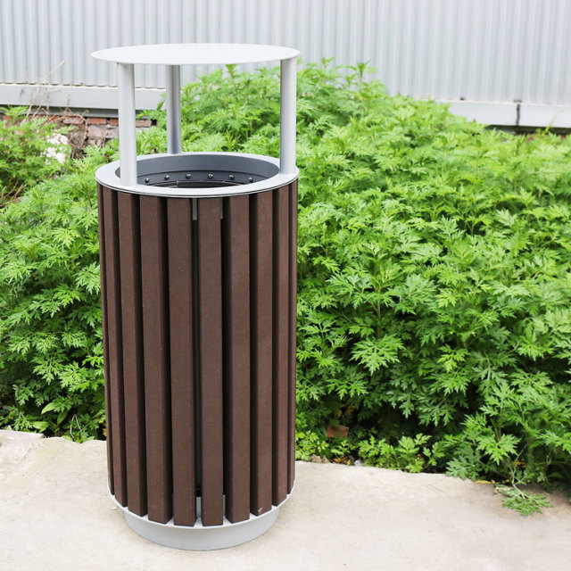 Outdoor Round Trash Can - Durable Plastic Wood Public Bin - Arlau