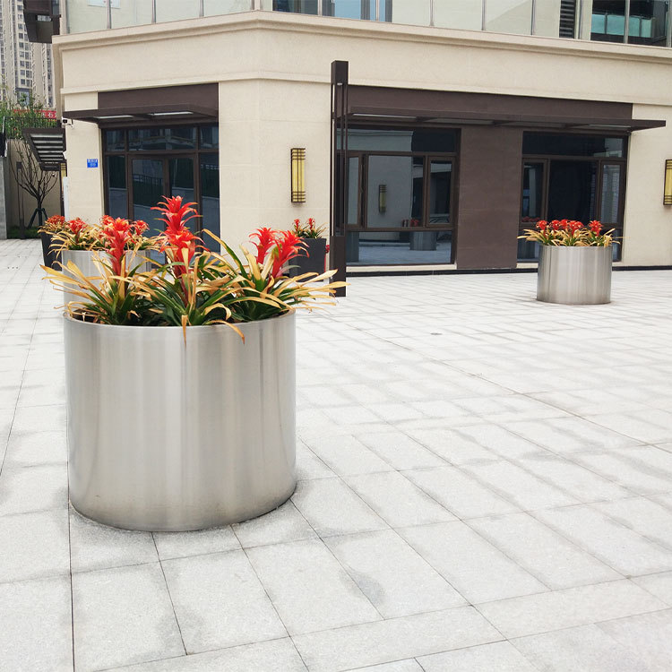 Cylindrical Stainless Steel Planter for Outdoor and Commercial Use
