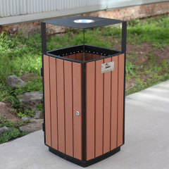 Square Outdoor Trash Can - Durable Steel-Wood Public Receptacle