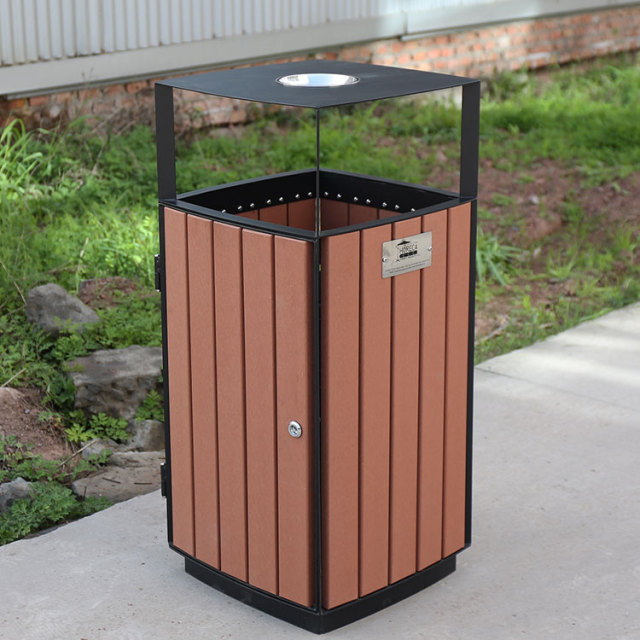 Square Outdoor Trash Can - Durable Steel-Wood Public Receptacle