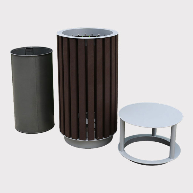 Outdoor Round Trash Can - Durable Plastic Wood Public Bin - Arlau