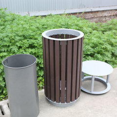 Outdoor Round Trash Can - Durable Plastic Wood Public Bin - Arlau