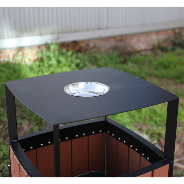Square Outdoor Trash Can - Durable Steel-Wood Public Receptacle