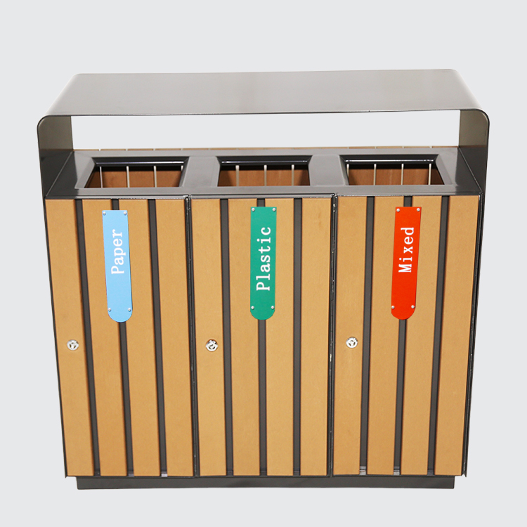 3-Way Outdoor Trash Can - Plastic Wood Recycling Bin for Parks