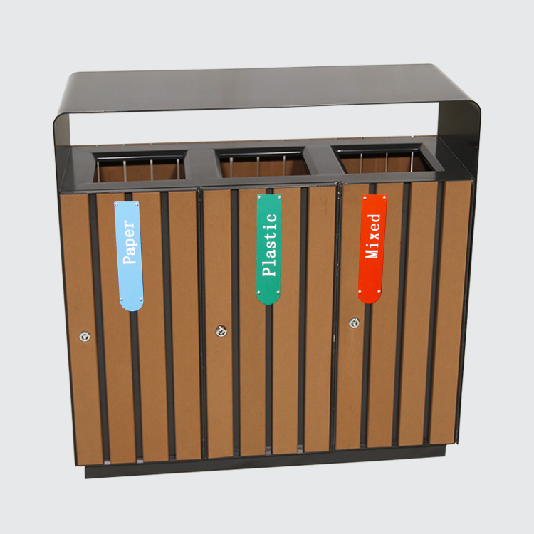 3-Way Outdoor Trash Can - Plastic Wood Recycling Bin for Parks