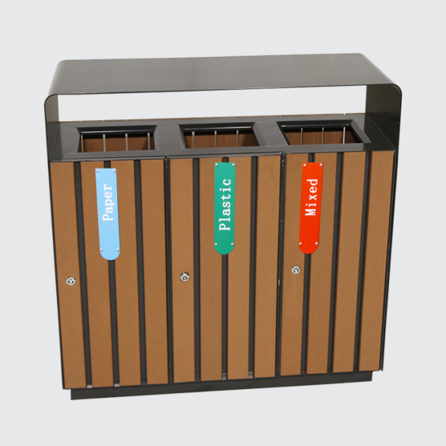 3-Way Outdoor Trash Can - Plastic Wood Recycling Bin for Parks