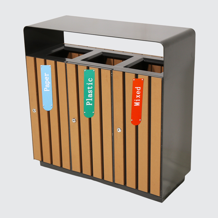 3-Way Outdoor Trash Can - Plastic Wood Recycling Bin for Parks