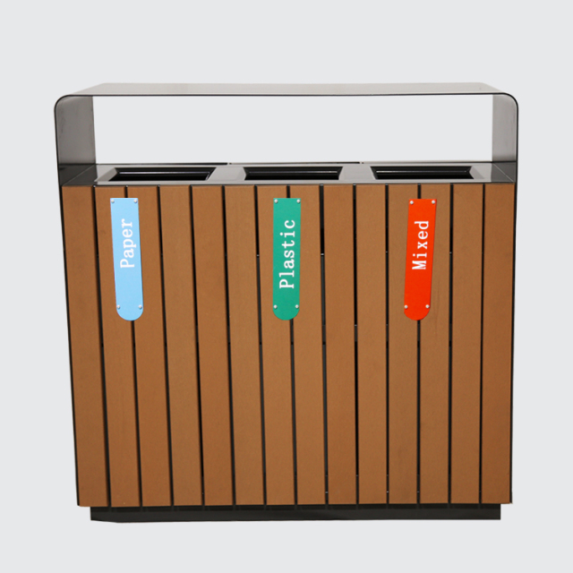 3-Way Outdoor Trash Can - Plastic Wood Recycling Bin for Parks
