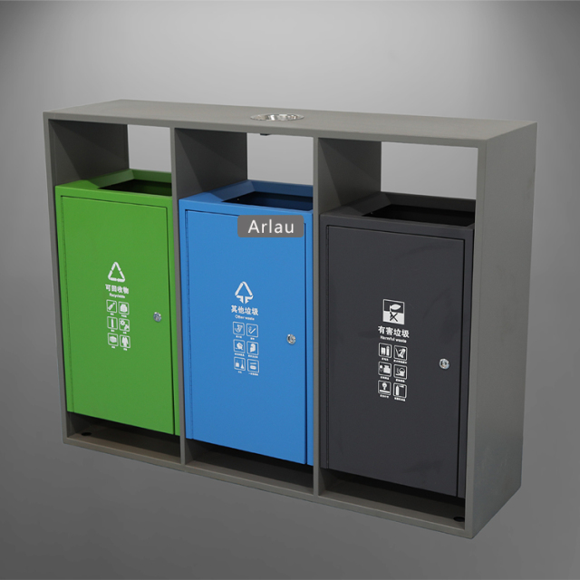 3-Compartment Stainless Steel Street Bin-Corrosion-Resistant Trash Can