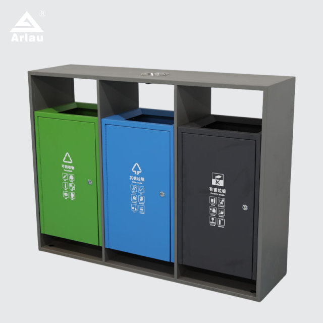 3-Compartment Stainless Steel Street Bin-Corrosion-Resistant Trash Can