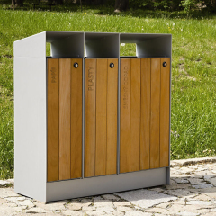 Steel-Wood Outdoor Trash Can - 3-Classification Park Bin - Arlau