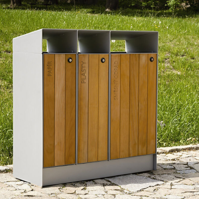 Steel-Wood Outdoor Trash Can - 3-Classification Park Bin - Arlau