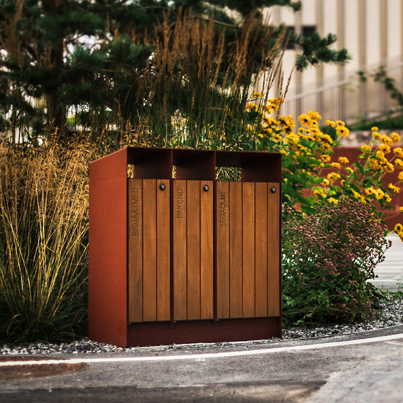 Steel-Wood Outdoor Trash Can - 3-Classification Park Bin - Arlau