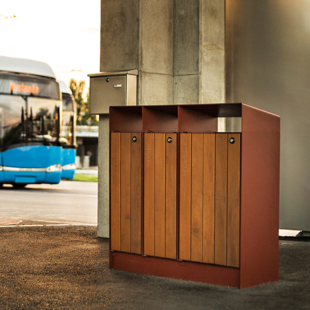 Steel-Wood Outdoor Trash Can - 3-Classification Park Bin - Arlau