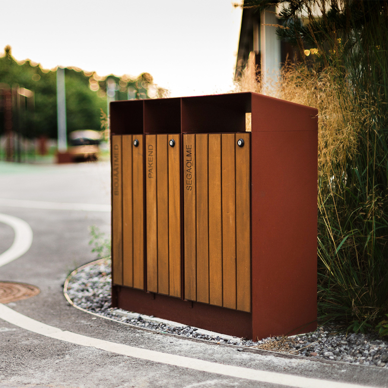 Steel-Wood Outdoor Trash Can - 3-Classification Park Bin - Arlau